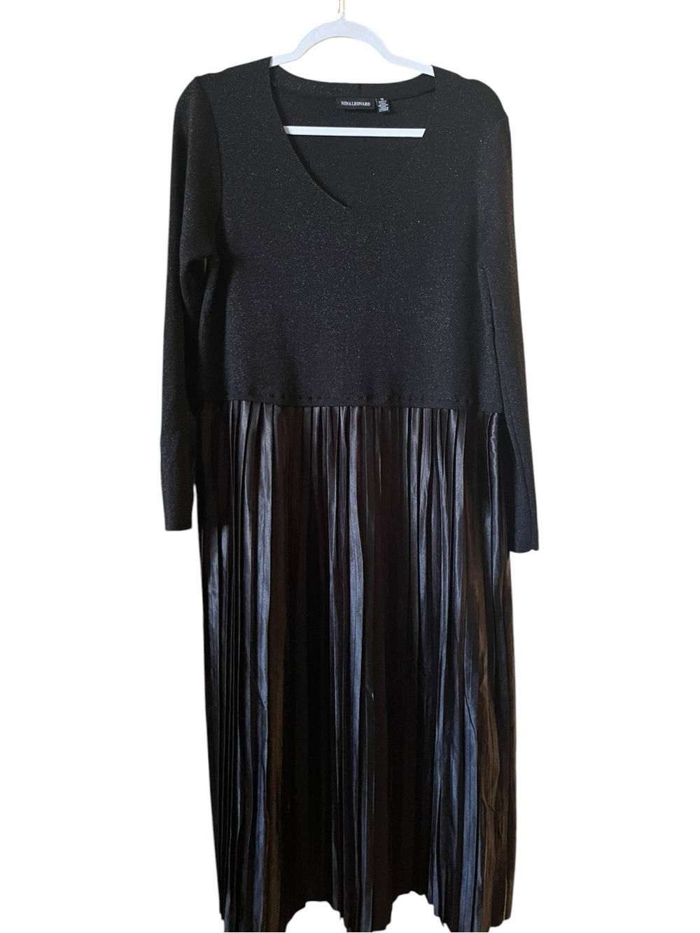 Nina Leonard Black Metallic Knit Pleated Satin Midi Dress 1X Long Sleeve